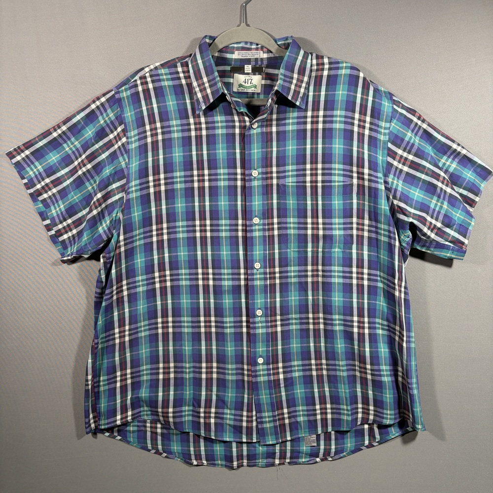 Van Heusen 417 Short Sleeve Plaid Shirt XL Blue Green Vintage Preppy